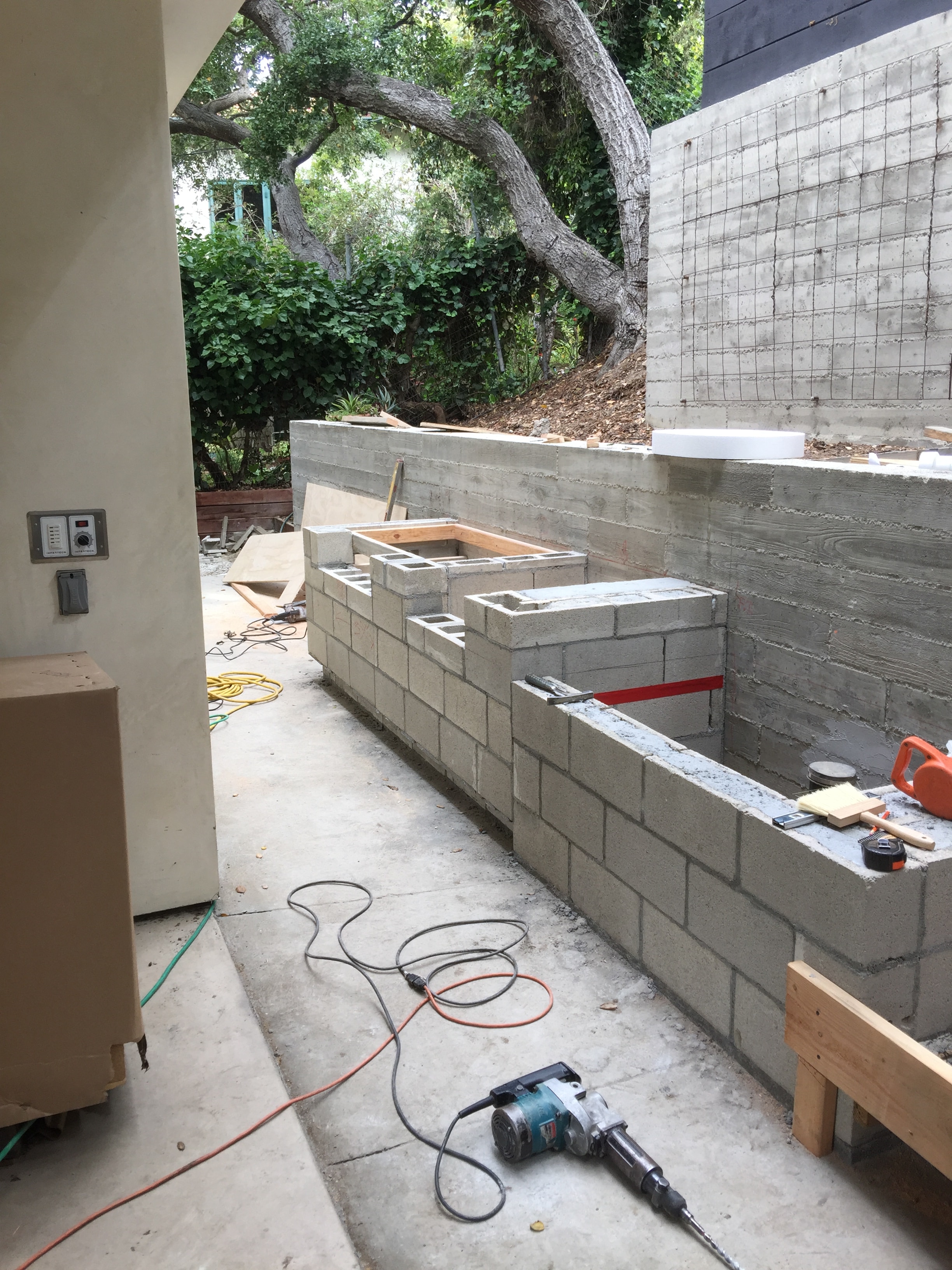 CMU block wall construction on hillside property in Los Angeles County